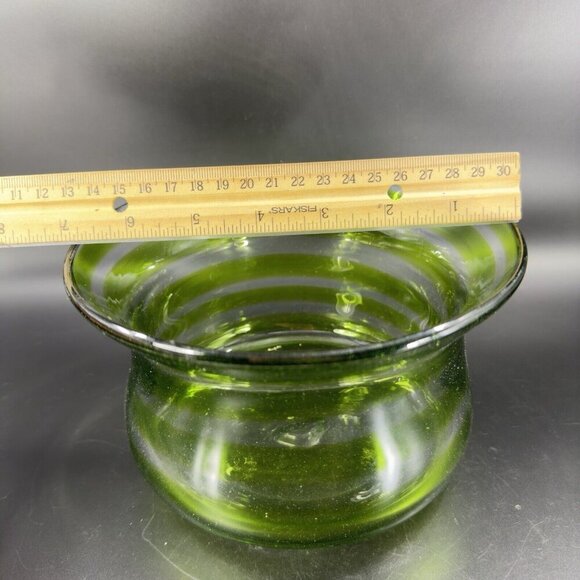 Blenko Art Glass Bowl Planter Flower Pot Hand Blown Green Clear Lines Round Vtg - Picture 5 of 16